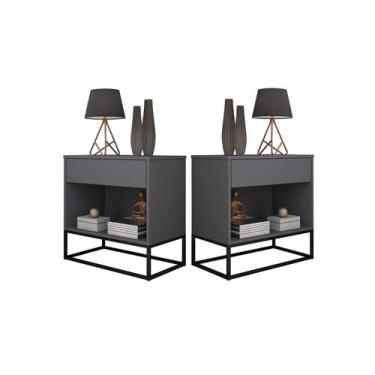 Imagem de Conjunto 2 Mesas de Cabeceira Malta Cinza com Base de Ferro Preto - LC