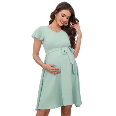 Imagem de ClearFlower Vestido de maternidade com decote em V e bolinhas suíças, casual, manga curta, vestido midi rodado, cinto, sessão de fotos, chá de bebê, Verde, P