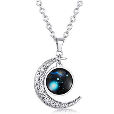 Imagem de Colar de aço inoxidável astrologia, lua e zodíaco, presente de horóscopo, constelação, pingente que brilha no escuro com corrente de 61 cm (Touro)