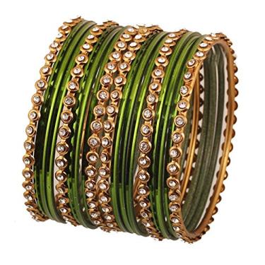 Imagem de Touchstone "Coleção de pulseiras coloridas" Pulseiras de liga de metal de Bollywood indiano e henna verde texturizada. Conjunto de 18. Em tom dourado antigo para mulheres.