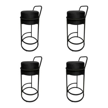 Imagem de Kit 4 Banquetas Alta Redonda Base Preta Veludo - Preto - CONCEPT ESTOF