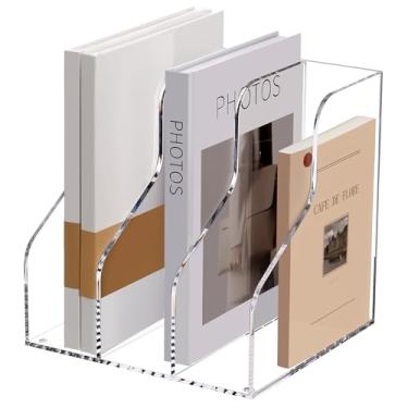 Imagem de SANRUI Organizador de arquivos de mesa de acrílico para porta-arquivos de revista de mesa com 3 compartimentos verticais, acessórios de mesa de escritório para escritório, casa, escola, organização de