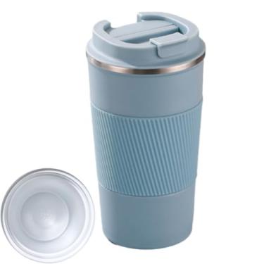 Imagem de Xícara de café elegante de aço inoxidável de parede dupla de 510 ml com revestimento cerâmico – Caneca isolada unissex para escritório e lazer (azul)