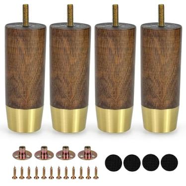Imagem de Vilanca Pernas de móveis de madeira de 12,7 cm com tampa dourada, conjunto de 4 pés de móveis de madeira maciça de substituição para poltrona, sofá, armário, cômoda, suporte de TV otomano, pernas de