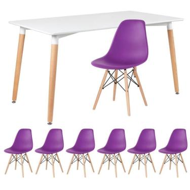 Imagem de Kit - Mesa Retangular Eames 80 X 140 Cm Branco + 6 Cadeiras Dsw Roxo Mesa Branco Com Cadeiras Roxo