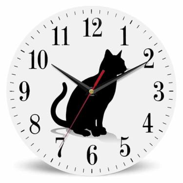 Imagem de Mxocom Relógio de parede com silhueta de gato, animal de estimação, gatinho em pé, contorno preto, 25 cm, silencioso, sem tique-taque, operado por bateria, relógio redondo vintage para sala de estar
