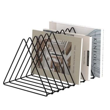 Imagem de Urban Deco Organizadores de mesa triangulares Suporte para revista de arame de metal 10 seções Organizador de pasta de arquivo decorativo de vinil Armazenamento de disco Organizador de arquivos para mesa - Suporte de arquivo preto para revista
