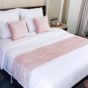 Imagem de Cachecol de corredor de cama de hotel com strass de veludo holandês com borlas cobertor de cama decorativo sem desbotamento protetor de colcha para cama de solteiro queen king size - rosa ||45 x 210