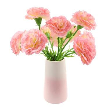 Imagem de Flores de cravo artificial rosa, 10 buquês de flores de cravo realistas, flores de seda falsas com hastes de botões e folhas para decoração de festa de casamento, buquê de noiva faça você mesmo