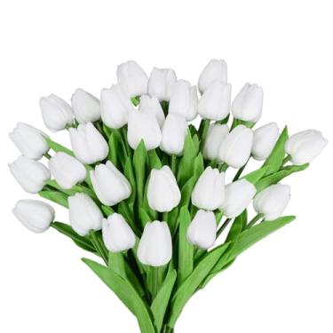 Imagem de 30 peças de flores artificiais de tulipas brancas, flores artificiais de seda de 34 cm, tulipas falsas para primavera, dia das mães, Páscoa, dia dos namorados, presentes em casa, cozinha, casamento