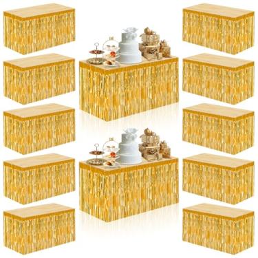 Imagem de LOYORTY 12 peças de saias de mesa com franja metálica, faixa de saia de mesa de festa de 73 x 272 cm, saias de mesa douradas para mesas retangulares para casamento, aniversário, boias de desfile
