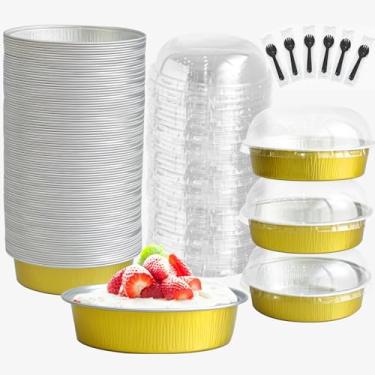 Imagem de OBXMLFY Mini formas de bolo com tampas e colheres, formas de assar para pequenas sobremesas redondas de 200 ml, ramequins descartáveis, recipientes individuais para bolo, para pudim de quiche (50