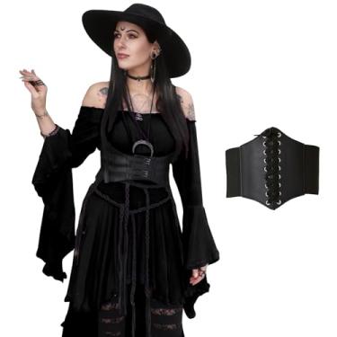 Imagem de BITSEACOCO Vestido feminino de ombro de fora gótico bruxa alto e baixo vitoriano medieval vestido de fada cosplay fantasias de Halloween, Preto, X-Large