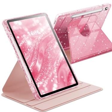 Imagem de INFILAND Capa giratória para Samsung Galaxy Tab S10 Lite / S10 FE/ S9 FE 5G 10,9 polegadas/Tab S9 11 polegadas 360 linda capa com glitter com parte traseira transparente, suporte para caneta S para