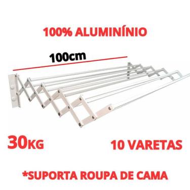Imagem de Varal Sanfonado Reforçado 100 Cm Parede Retrátil Alumínio Branco Mega 
