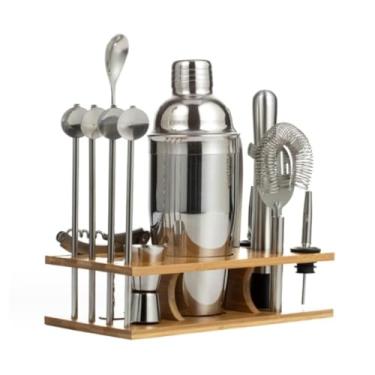 Imagem de Kit de barman de aço inoxidável de 14 peças, conjunto de coqueteleira com suporte de bambu, conjunto de bar misturador de bebidas para bar casa bartenders bar Shaker Set