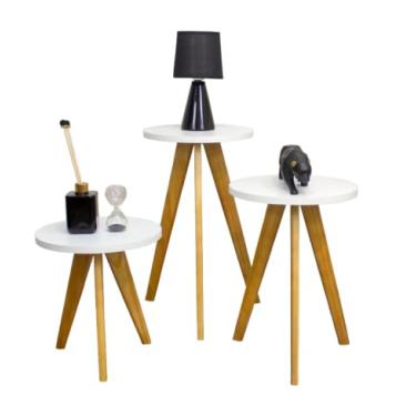 Imagem de Kit 3 Mesas Laterais, de Centro, Mesa de Cabeceira, Mesa Pé Palito - Madeira Maciça- Moderna(BRANCA 3 MESAS)