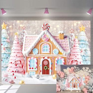 Imagem de Fundo fotográfico de casa de biscoito de gengibre de Natal rosa cenário de casa de doces de inverno floco de neve pirulito decorações de festa de feliz Natal faixa retrato adereços para foto (208 x