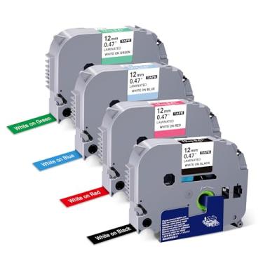 Imagem de Fita de etiqueta compatível de substituição para Brother P Touch Label Maker Tape 12 mm 1,2 cm laminada TZe 335 435 535 735 para P-Touch PTD210 PTH110 PTD600, branca em preto/vermelho/azul/verde, pacote com 4