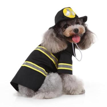 Imagem de 1 conjunto de de bombeiro para cães, gatos, cosplay, roupa de bombeiro, casaco com chapéu de combate a incêndio tamanho M preto