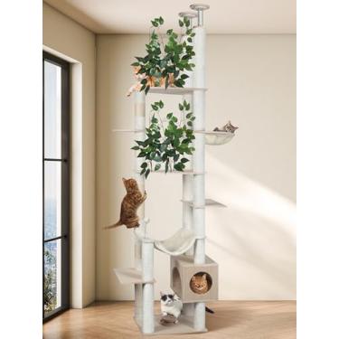 Imagem de Fantasreen Grande torre para gatos do chão ao teto, altura ajustável de 199 a 250 cm de altura, móveis modernos para atividades para gatos com postes espessos, cama de rede e condomínio para gatos