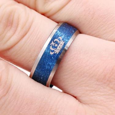 Imagem de Anéis de casal His Queen Her King Crown de aço inoxidável | Anéis combinando com acabamento escovado para homens e mulheres | Opções de ouro e azul | Tamanhos 6-11, Aço inoxidável, Sem pedra preciosa