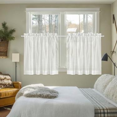 Imagem de Cortina curta transparente de voile para janelas, 127 x 91 cm de comprimento, cortina curta transparente esmagada para sala de estar, banheiro, café, lavanderia, bolso de varão, saia de voile, bege