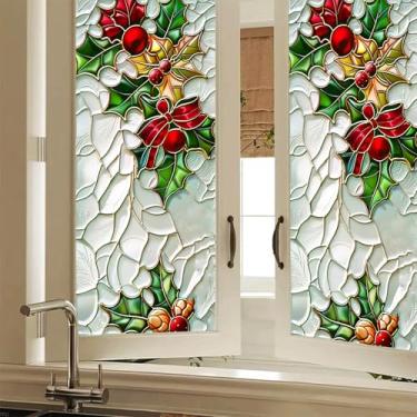 Imagem de HOMETITUTE Película decorativa de vitral Holly Berry para janela com aderência estática festiva adesivo removível para janela de privacidade para decoração de casa de Natal 48 x 100 cm