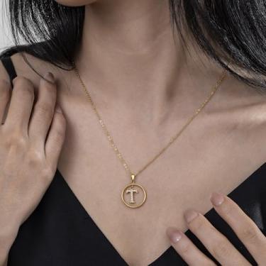 Imagem de Colar de strass com inicial A-Z - Joias delicadas com pingente circular com corrente ajustável, colar de alfabeto personalizado para mulheres,, F, Aço inoxidável, Sem Pedra Preciosa