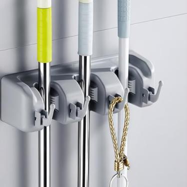 Imagem de 1 suporte retangular resistente para vassoura/vassoura para casa, garagem, jardim, lavanderia ou cozinha, 3 prateleiras, 4 ganchos
