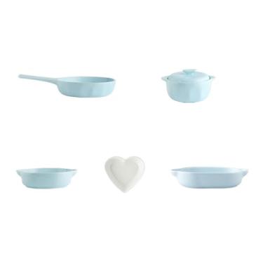 Imagem de Pratos frescos de cor sólida de cerâmica requintada resistência a altas temperaturas - Conjunto de 5 peças dentro e fora de azul rosa claro.