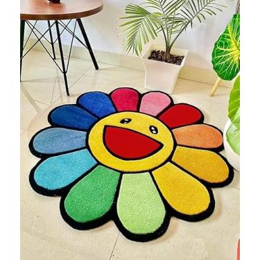 Imagem de ENIGMA RUGS AND CARPETS Tapete Takashi Murakami Tufting | Tapete de flores coloridas | Sorriso | Tapete de lã feito à mão, perfeito para sala de estar, quarto e sala de jantar (0,9 x 0,9 m)