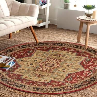 Imagem de Tapete Boho redondo para quarto, banheiro, entrada, tapete antiderrapante, círculo lavável, tapete de pelo baixo de lã sintética, boêmio, vintage, boêmio, envelhecido, tapete oriental, 3,3 m