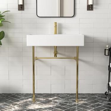 Imagem de DeerValley Pia de banheiro retangular de 76 x 43 cm, suporte livre com pernas de aço inoxidável dourado, pia de banheiro com transbordamento, DV-1CS0118G