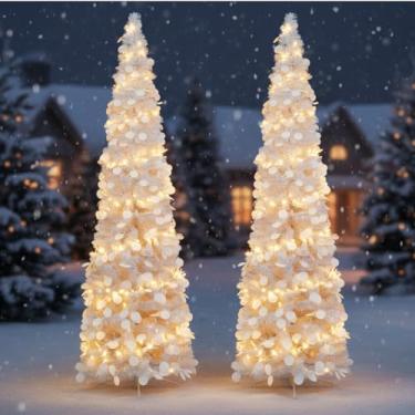 Imagem de Leyndo Árvore de Natal pop-up com luz LED pré-iluminada, artificial, dobrável, lápis de paetê, árvore de Natal skinny para decoração de lareira em casa interna (1,5 m, branco, 2)