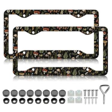 Imagem de Molduras de placa de licença de cogumelo - pacote com 2 unidades de samambaia florestal libélula Amanita suporte de placa de licença, alumínio metal à prova d'água à prova de ferrugem molduras