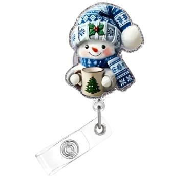 Imagem de Carretel de crachá de Natal, lindo crachá de acrílico de boneco de neve azul para crachá de identificação, suporte retrátil retrátil de árvore de Natal, acessórios de clipe de jacaré para enfermeiras