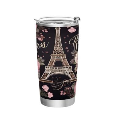 Imagem de Blueangle Copo de 590 ml com tampa e canudo, copo de café com água isolada a vácuo de aço inoxidável, caneca de viagem da Torre Eiffel com flores, copo térmico para bebidas quentes e frias (563)