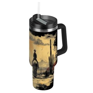 Imagem de Blueangle Copo cowboy americano de 1,134 g com alça e tampa de palha, caneca de viagem de aço inoxidável isolada a vácuo de parede dupla, garrafa de água reutilizável para academia de escritório ao ar