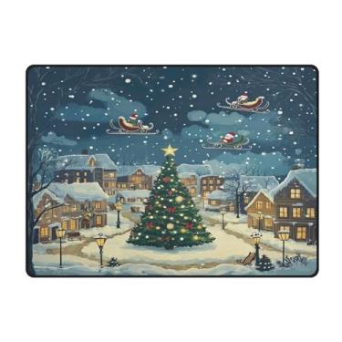 Imagem de Blueangle Tapetes de Natal laváveis de 10 x 13 cm para sala de estar - Tapete ultramacio antiderrapante resistente a manchas com desenho animado de cidade na neve, decoração de férias para quarto e