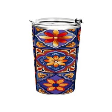 Imagem de Blueangle Copo de 340 g com tampa e canudo, copo de café com água isolada a vácuo de aço inoxidável, caneca térmica de cerâmica mexicana para bebidas quentes e frias (132)