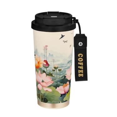 Imagem de SEHANY Caneca de café de viagem Flores e pássaros de 482 g com tampa revestida de cerâmica e à prova de vazamento, parede dupla, copo de aço inoxidável isolado a vácuo para bebidas quentes e frias