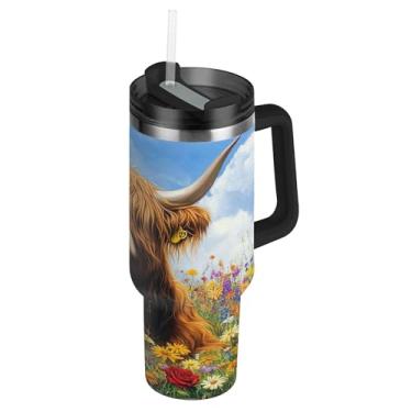 Imagem de SEHANY Copo Highland Cow de 850 g com tampa e canudo, aço inoxidável de vácuo duplo isolado garrafa de água esportiva suporte para copo de café de viagem à prova de vazamento para bebida gelada