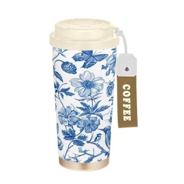 Imagem de SEHANY Caneca de viagem de pássaro de flor branca azul 482 g Copos de café reutilizáveis revestidos de cerâmica com tampa à prova de vazamento, parede dupla, isolamento a vácuo, copo de café de aço