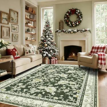 Imagem de Tapetes de área com estampa floral verde-oliva para quarto, sala de estar, boho, casa de fazenda, rústico, sala de jantar, tapetes macios e laváveis, revestimento antiderrapante para berçário, sala de