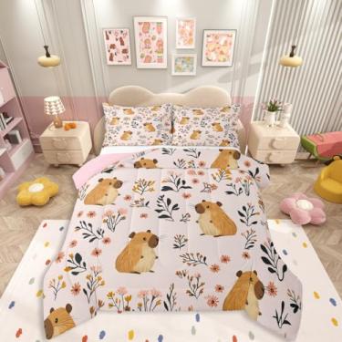 Imagem de Erosebridal Jogo de cama solteiro com desenho de capivara, para meninas, animais fofos, para crianças, meninos, mulheres, adultos, ramos de quarto, edredom floral, marrom e rosa
