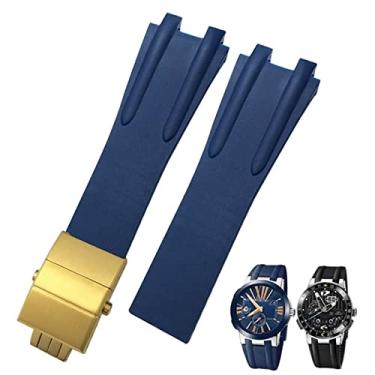 Imagem de FULNES Pulseira de relógio com fivela dobrável de aço de borracha de 26 mm, adequada para Ulysse Nardin, azul, preto, marrom, esportiva, acessórios esportivos à prova d'água (fivela azul dourada)