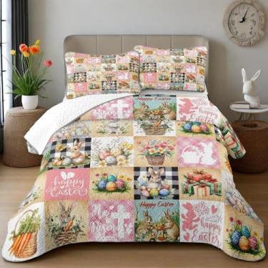 Imagem de SANOCAY Conjunto de colcha de 3 peças de patchwork de Páscoa King Size com 2 fronhas de microfibra leve e macia (xadrez rosa, Queen)