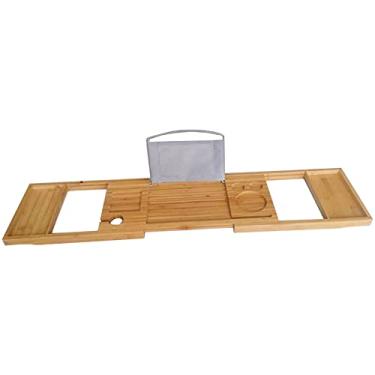 Imagem de Prateleira de Banheira Bambu com Suporte TNT Lados Extensíveis Fundo Antiderrapante Organizador Apoio para Livro e Vinho Serviço Spa