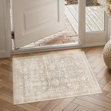 Imagem de WondRg Tapete de área neutra lavável 2x3 bege para entrada, antiderrapante, macio, fino, floral, durável, tapete moderno resistente a manchas para sala de estar, lavanderia, cozinha, escritório, sala